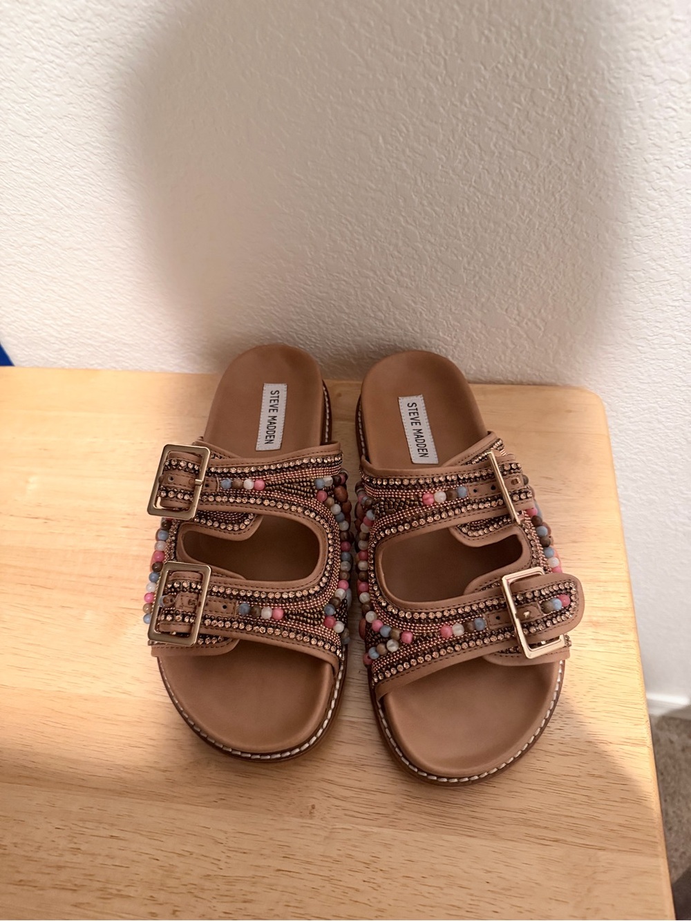Steve Madden Tan Beaded Double Strap Slide Sandals